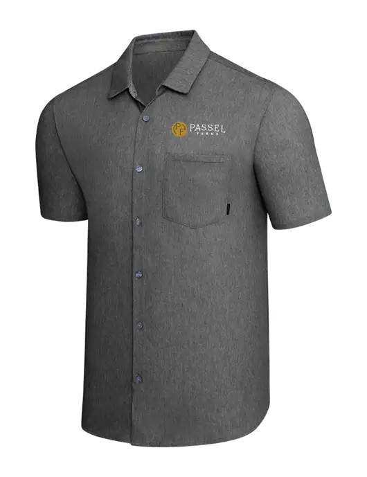 OGIO Dark Grey Heather Extend Short Sleeve Button Up Shirt w/Passel Farms Logo
