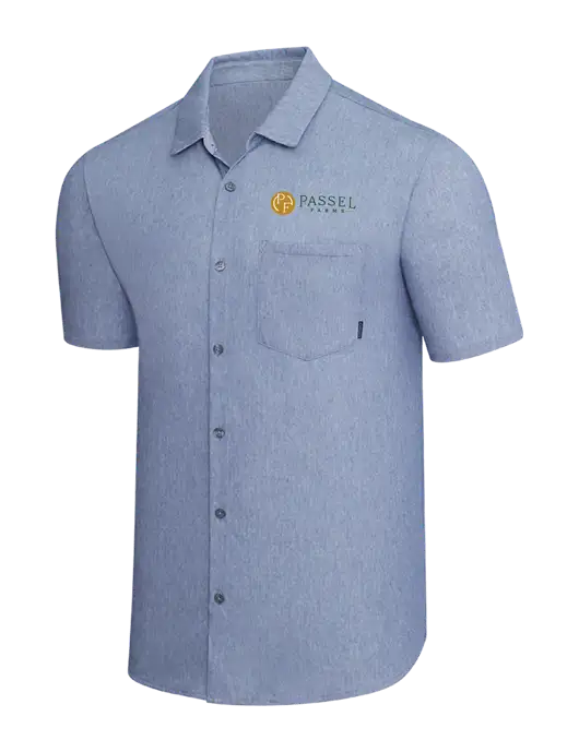 OGIO Slate Blue Heather Extend Short Sleeve Button Up Shirt w/Passel Farms Logo