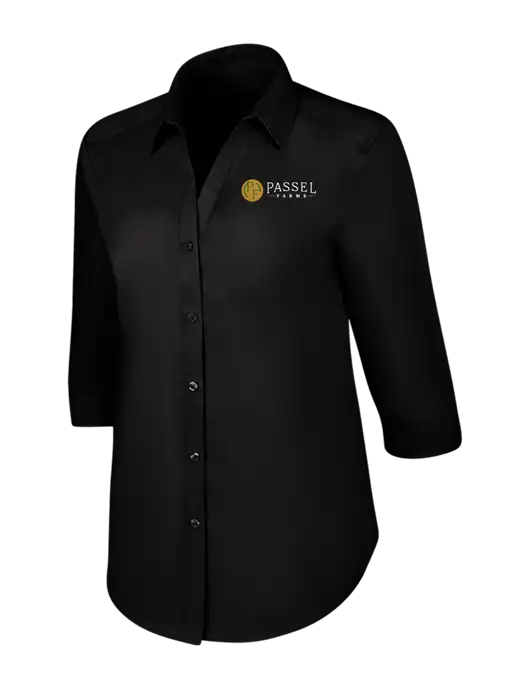 Womens Black 3/4 Sleeve Carefree Poplin Shirt w/Passel Farms Logo