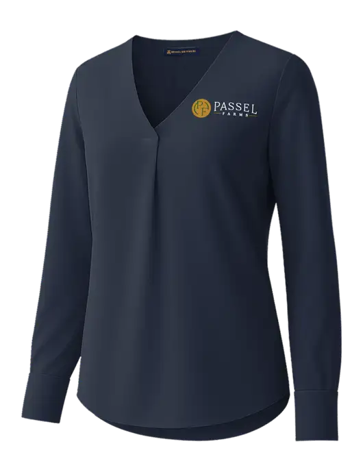 Brooks Brothers Womens Dark Navy Open-Neck Satin Blouse  w/Passel Farms Logo