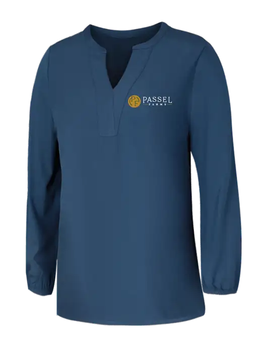 Mercer+Mettle Womens Light Navy Blue Grey Stretch Crepe 3/4 Sleeve Blouse w/Passel Farms Logo