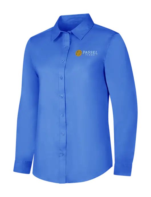 Dark Carolina Blue Womens Long Sleeve Superpro React Twill Shirt w/Passel Farms Logo