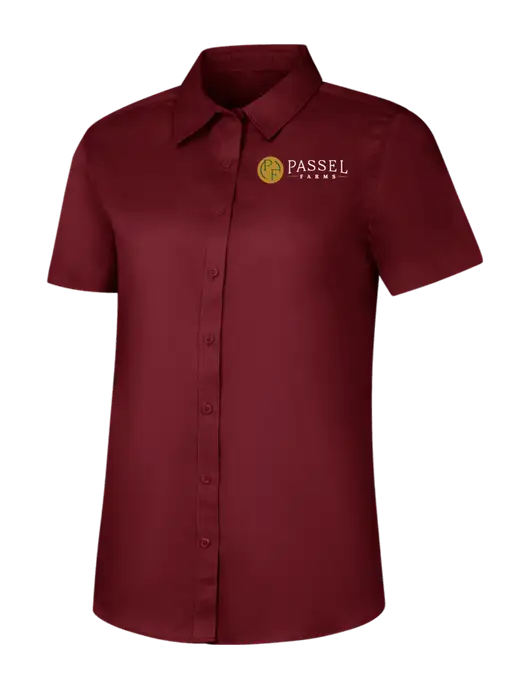 Womens Maroon Short Sleeve Superpro React Twill Shirt w/Passel Farms Logo