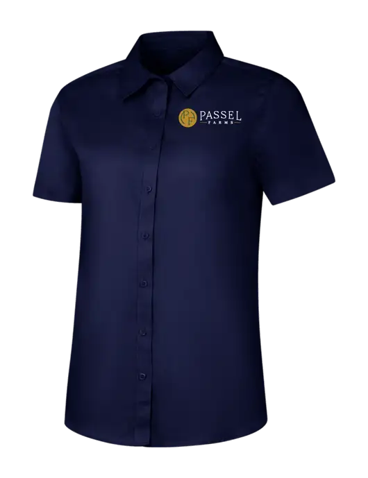 Womens Navy Short Sleeve Superpro React Twill Shirt w/Passel Farms Logo