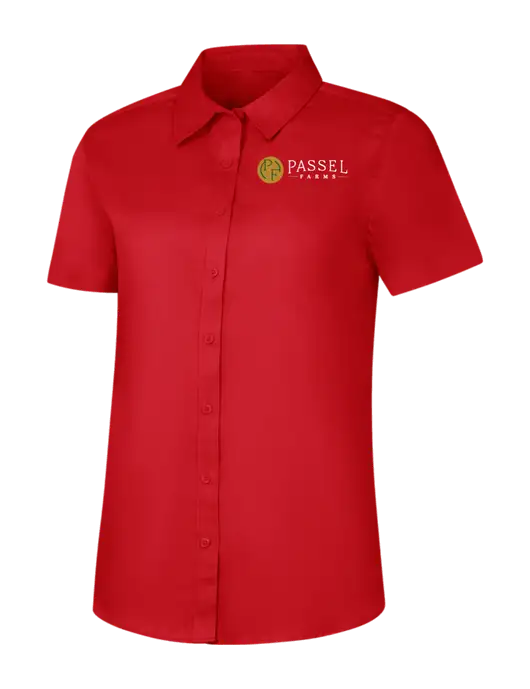 Womens Red Short Sleeve Superpro React Twill Shirt w/Passel Farms Logo