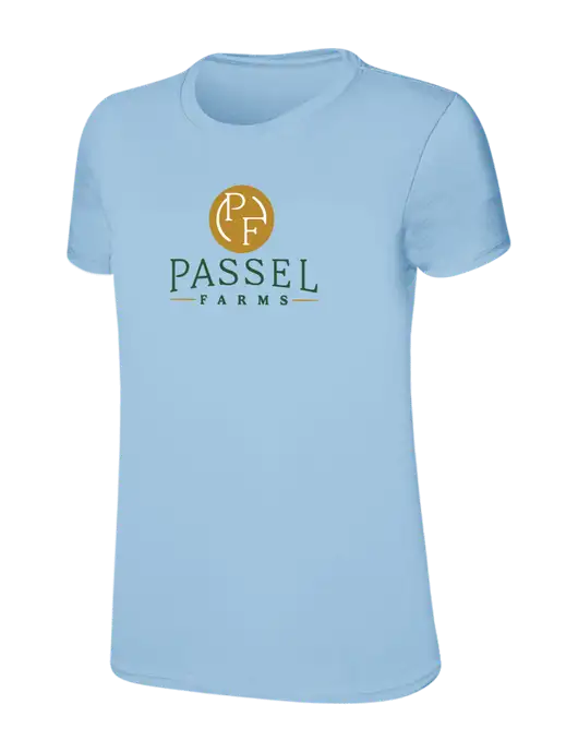 Womens Ring Spun Light Blue 4.5 oz T-Shirt w/Passel Farms Logo