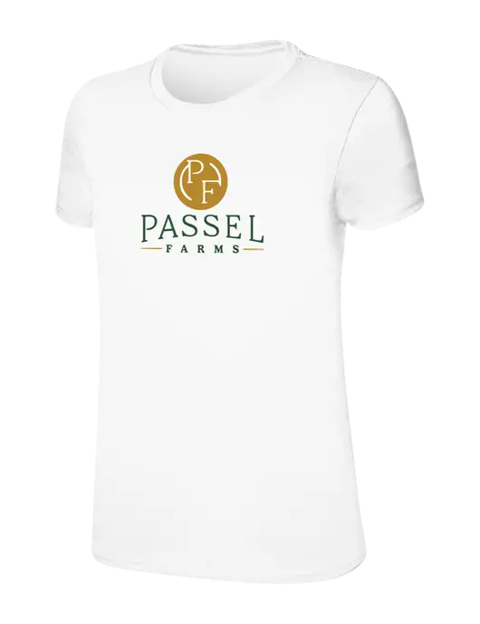 Womens Ring Spun White 4.5 oz T-Shirt w/Passel Farms Logo