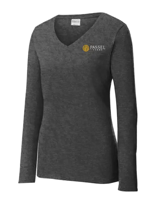 Womens  V-Neck Ring Spun Dark Heather Grey 4.5 oz Long Sleeve T-Shirt w/Passel Farms Logo