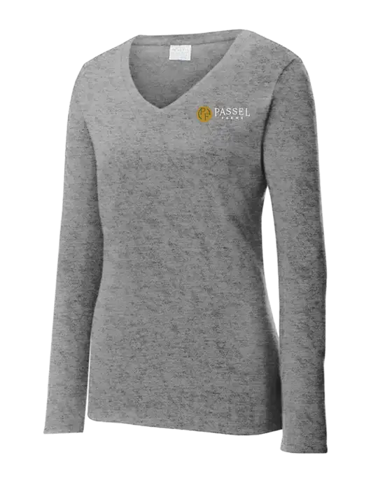 Womens  V-Neck Ring Spun Grey Heather 4.5 oz Long Sleeve T-Shirt w/Passel Farms Logo