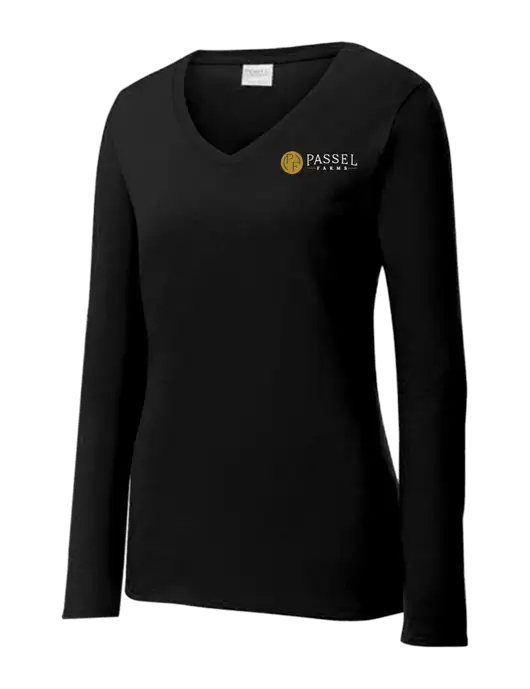 Womens V-Neck Ring Spun Jet Black 4.5 oz Long Sleeve T-Shirt w/Passel Farms Logo