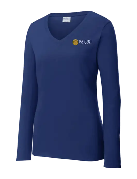 Womens  V-Neck Ring Spun Navy 4.5 oz Long Sleeve T-Shirt w/Passel Farms Logo