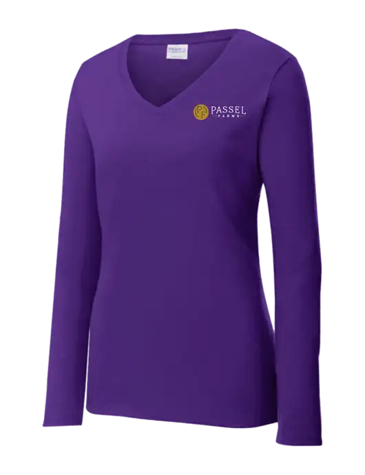 Womens  V-Neck Ring Spun Purple 4.5 oz Long Sleeve T-Shirt w/Passel Farms Logo