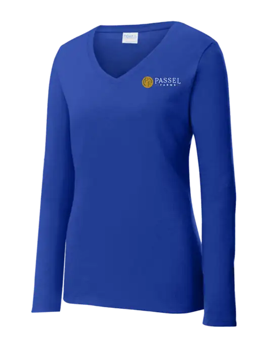 Womens  V-Neck Ring Spun Royal 4.5 oz Long Sleeve T-Shirt w/Passel Farms Logo