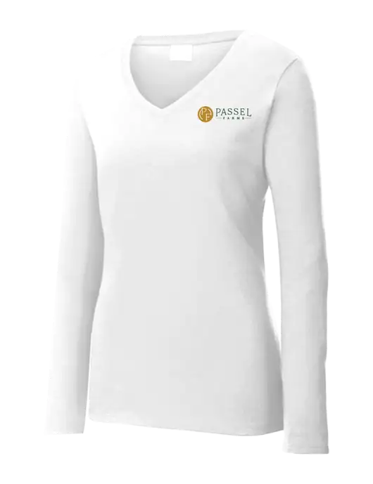 Womens  V-Neck Ring Spun White 4.5 oz Long Sleeve T-Shirt w/Passel Farms Logo