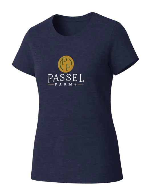 Womens Seriously Soft Heathered Navy T-Shirt w/Passel Farms Logo