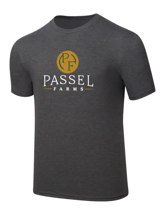 Simply Soft Heathered Charcoal 4.5oz  Poly/Combed Ring Spun Cotton T-Shirt w/Passel Farms Logo
