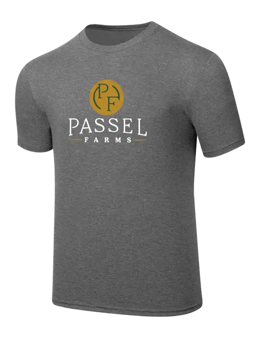 Simply Soft Heathered Medium Grey 4.5oz  Poly/Combed Ring Spun Cotton T-Shirt w/Passel Farms Logo