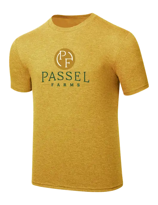 Simply Soft Yellow Gold Heathered 4.5oz Poly/Combed Ring Spun Cotton T-Shirt
 w/Passel Farms Logo
