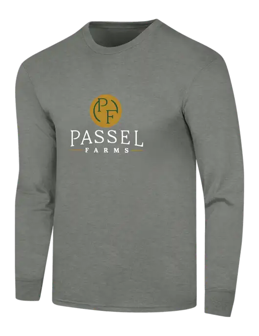Simply Soft Long Sleeve Heathered Charcoal 4.5 oz, Poly/Combed Ring Spun Cotton T-Shirt w/Passel Farms Logo