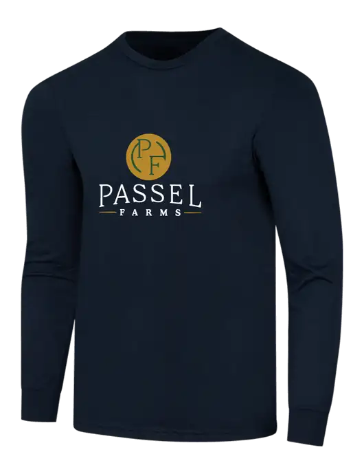 Simply Soft Long Sleeve Navy 4.5 oz, Poly/Combed Ring Spun Cotton T-Shirt w/Passel Farms Logo