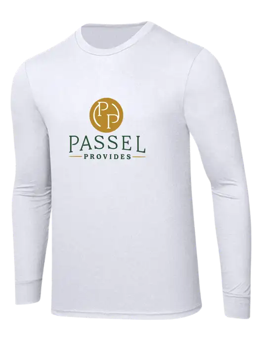 Simply Soft Long Sleeve White 4.5 oz, Poly/Combed Ring Spun Cotton T-Shirt w/Passel Provides Logo