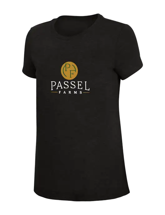 Womens Simply Soft Black 4.5oz Poly/Combed Ring Spun Cotton T-Shirt w/Passel Farms Logo
