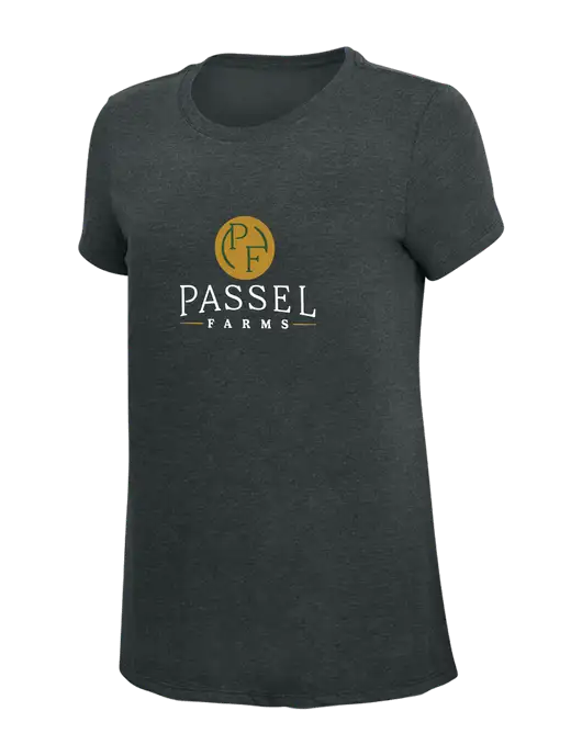 Womens Simply Soft Black Frost 4.5oz Poly/Combed Ring Spun Cotton T-Shirt w/Passel Farms Logo