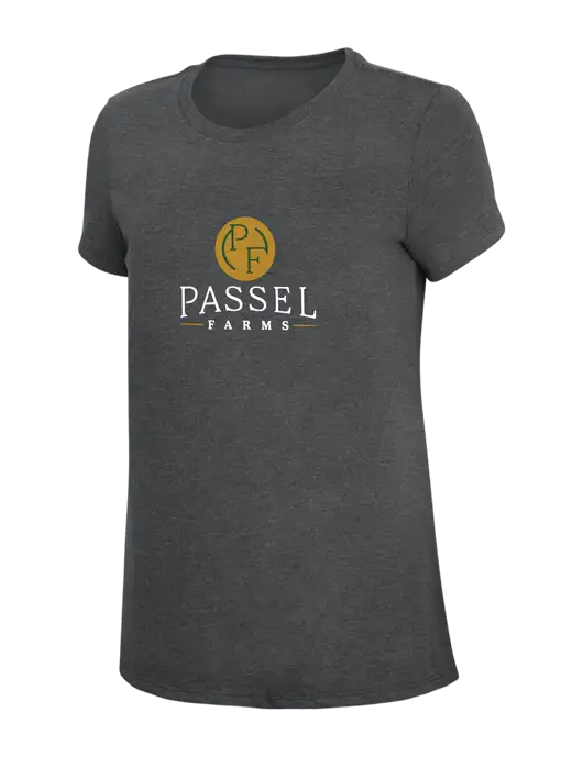 Womens Simply Soft Charcoal 4.5oz Poly/Combed Ring Spun Cotton T-Shirt w/Passel Farms Logo
