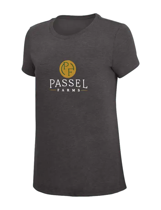 Womens Simply Soft Heather Charcoal 4.5oz  Poly/Combed Ring Spun Cotton T-Shirt w/Passel Farms Logo