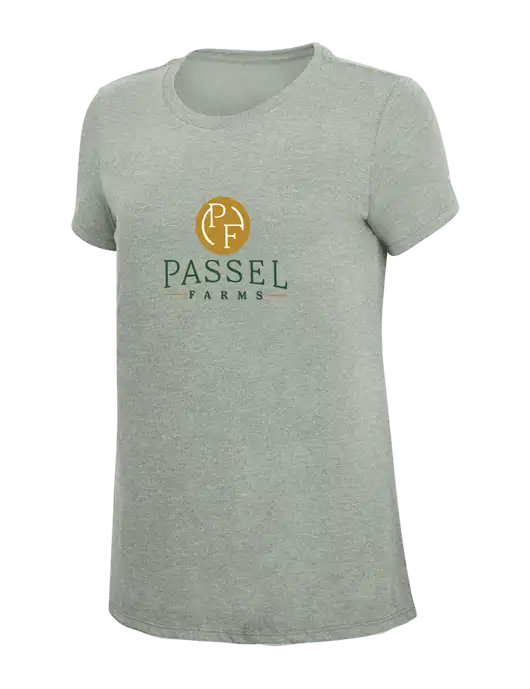 Womens Simply Soft Heathered Light Grey 4.5oz Poly/Combed Ring Spun Cotton T-Shirt w/Passel Farms Logo