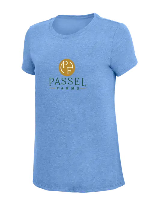 Womens Simply Soft Maritime Frost 4.5oz Poly/Combed Ring Spun Cotton T-Shirt
 w/Passel Farms Logo