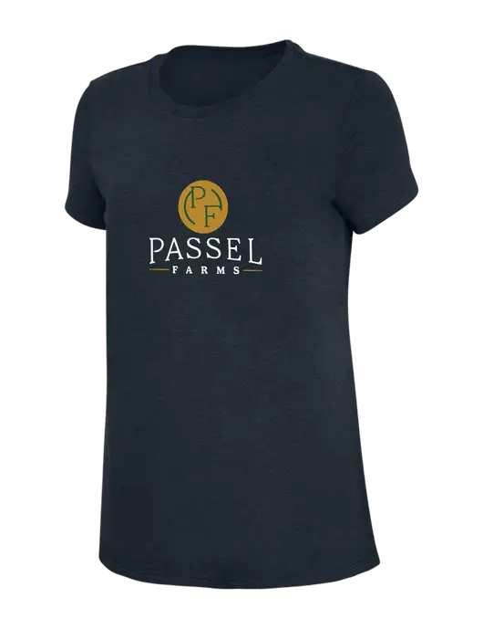 Womens Simply Soft Navy 4.5oz Poly/Combed Ring Spun Cotton T-Shirt w/Passel Farms Logo