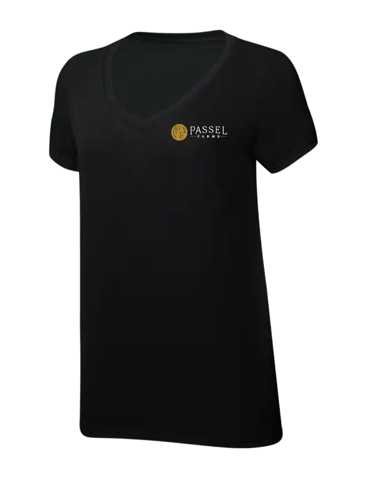 Womens Simply Soft V-Neck Black 4.5oz  Poly/Combed Ring Spun Cotton T-Shirt w/Passel Farms Logo