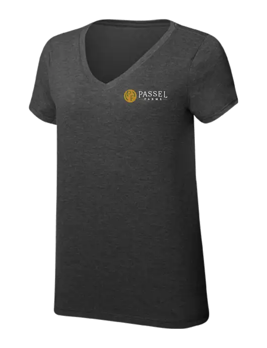 Womens Simply Soft V-Neck Black Frost 4.5oz  Poly/Combed Ring Spun Cotton T-Shirt w/Passel Farms Logo