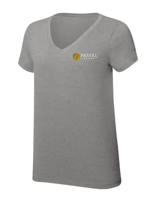 Womens Simply Soft V-Neck Grey Frost 4.5oz  Poly/Combed Ring Spun Cotton T-Shirt w/Passel Farms Logo
