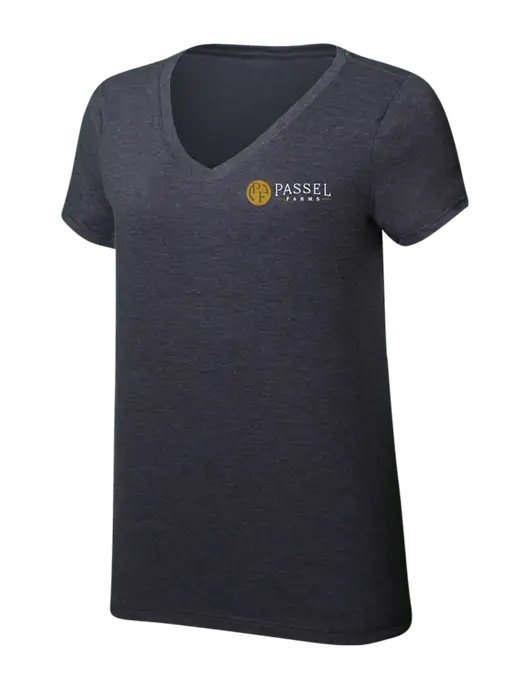 Womens Simply Soft V-Neck Heather Charcoal 4.5oz  Poly/Combed Ring Spun Cotton T-Shirt w/Passel Farms Logo