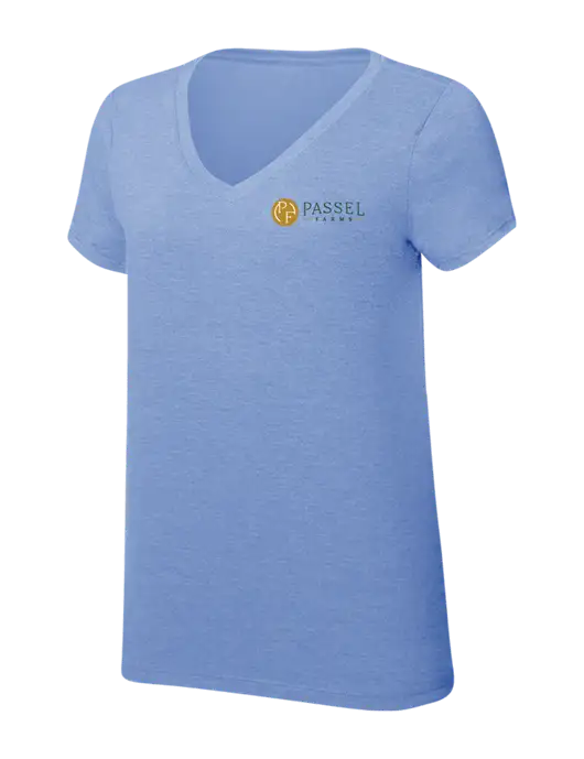 Womens Simply Soft V-Neck Maritime Frost 4.5oz  Poly/Combed Ring Spun Cotton T-Shirt w/Passel Farms Logo