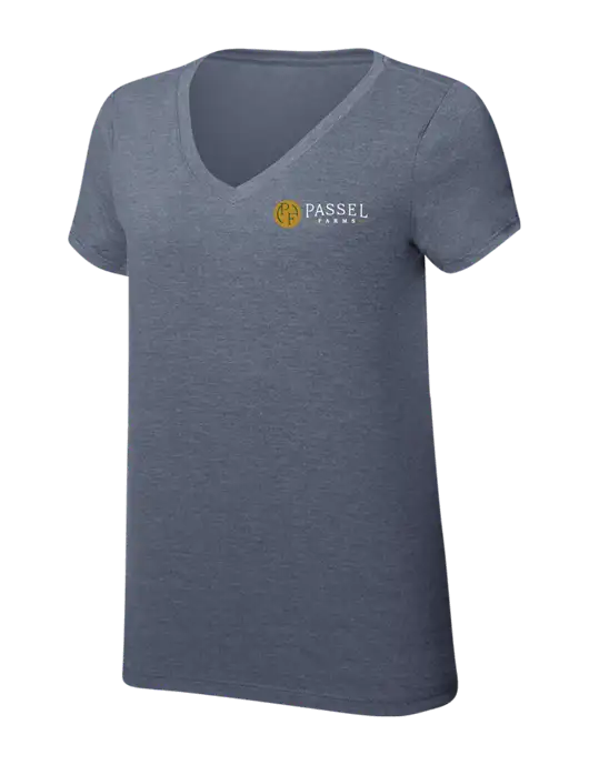 Womens Simply Soft V-Neck Navy Frost 4.5oz  Poly/Combed Ring Spun Cotton T-Shirt w/Passel Farms Logo