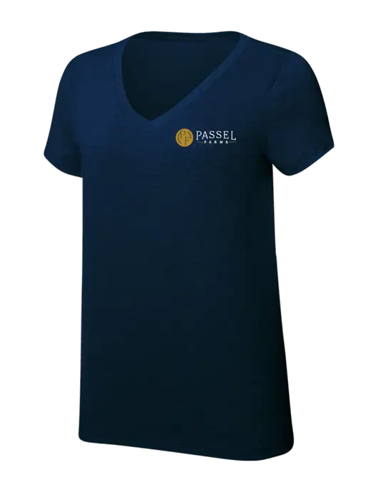 Womens Simply Soft V-Neck New Navy 4.5oz  Poly/Combed Ring Spun Cotton T-Shirt w/Passel Farms Logo