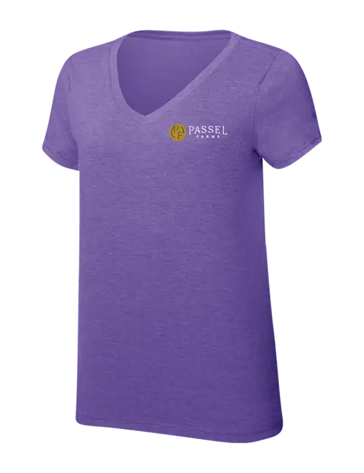 Womens Simply Soft V-Neck Purple Frost 4.5oz  Poly/Combed Ring Spun Cotton T-Shirt w/Passel Farms Logo