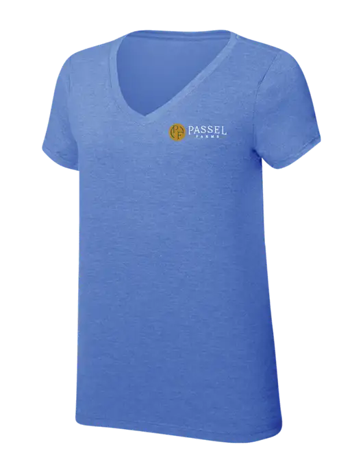 Womens Simply Soft V-Neck Royal Frost 4.5oz  Poly/Combed Ring Spun Cotton T-Shirt w/Passel Farms Logo