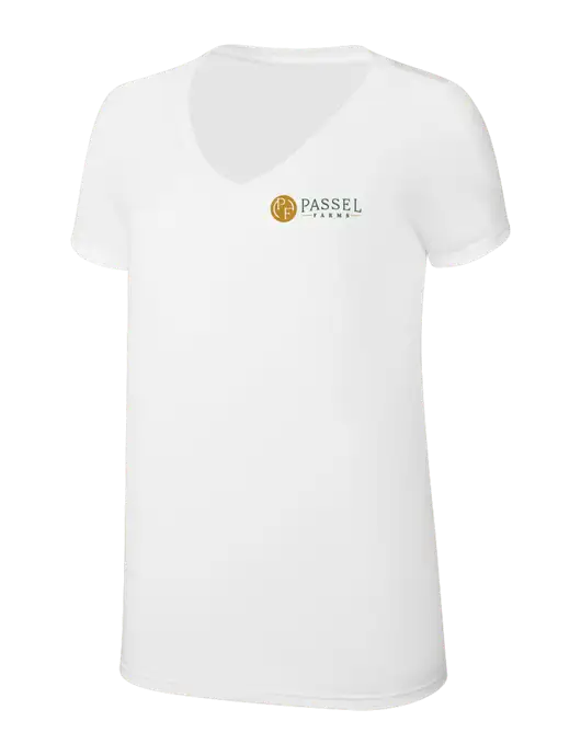Womens Simply Soft V-Neck White 4.5oz  Poly/Combed Ring Spun Cotton T-Shirt w/Passel Farms Logo
