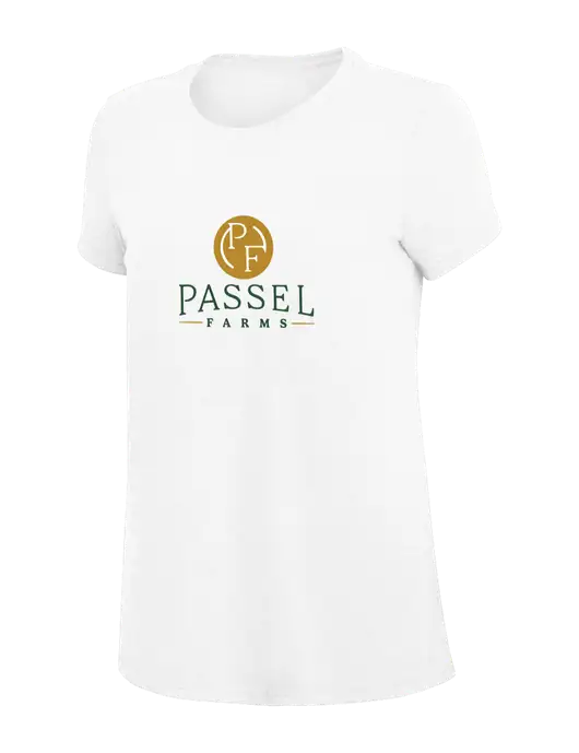 Womens Simply Soft White 4.5oz Poly/Combed Ring Spun Cotton T-Shirt
 w/Passel Farms Logo