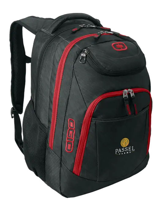 OGIO Dark Grey/Red Excelsior Laptop Backpack w/Passel Farms Logo