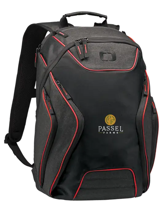 OGIO Red/Heather Grey Hatch Laptop Backpack
 w/Passel Farms Logo
