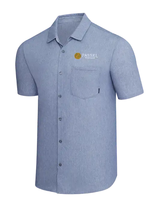 OGIO Slate Blue Heather Extend Short Sleeve Button Up Shirt w/Passel Provides Logo