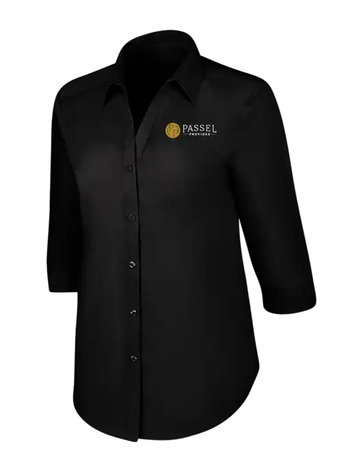Womens Black 3/4 Sleeve Carefree Poplin Shirt w/Passel Provides Logo