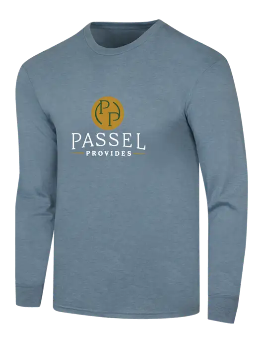 Simply Soft Long Sleeve Slate Blue Heather 4.5 oz, Poly/Combed Ring Spun Cotton T-Shirt w/Passel Provides Logo