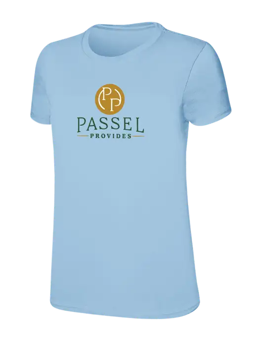 Womens Ring Spun Light Blue 4.5 oz T-Shirt w/Passel Provides Logo