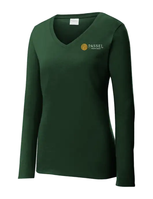 Womens  V-Neck Ring Spun Forest Green 4.5 oz Long Sleeve T-Shirt w/Passel Provides Logo